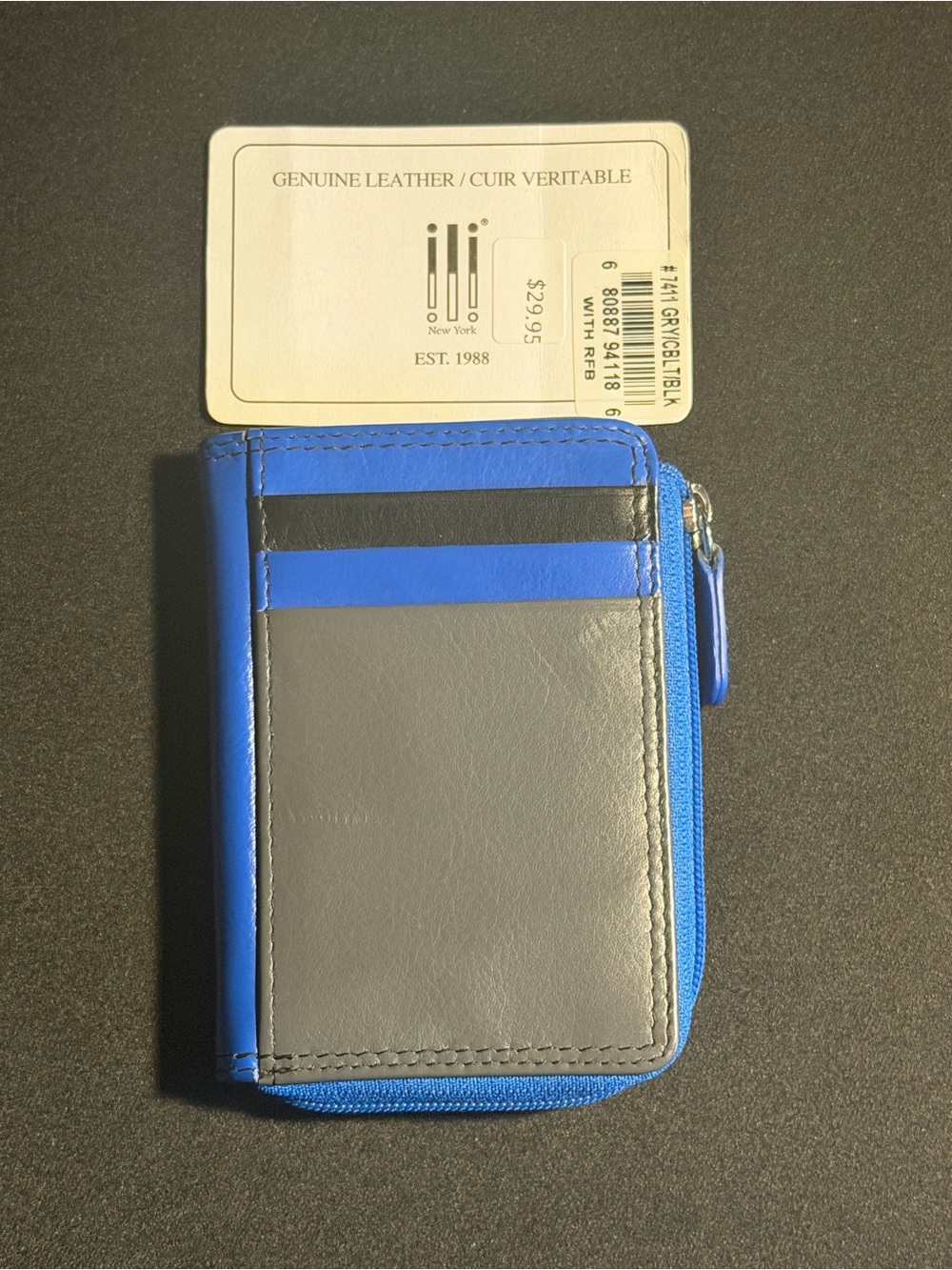 NWT ili New York Genuine Leather RFID Wallet Blue Gray Zip Card Case
